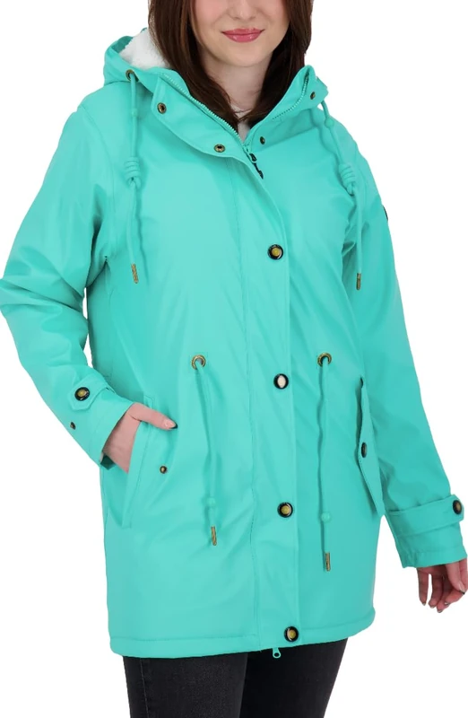 Ankerglut Women's Friesennerz Raincoat Rain Jacket with Hood Waterproof Weatherproof Windbreaker with Teddy Fleece, Turquoise, 48