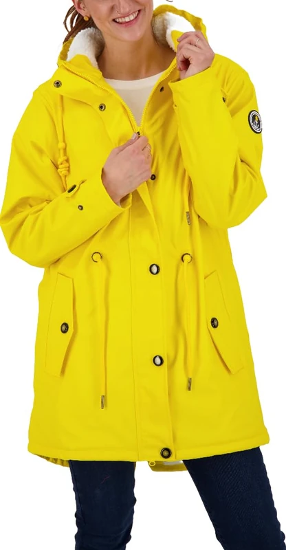 Ankerglut Women's Friesennerz Raincoat Rain Jacket with Hood Waterproof Weatherproof Windbreaker with Teddy Fleece, Yellow, XS/S