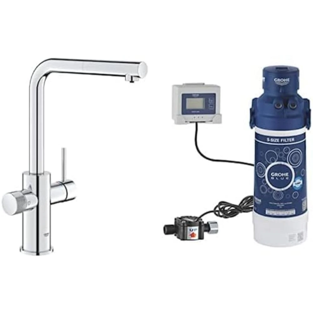 GROHE Blue Pure Minta Kitchen Sink 3 Ways Pull Out Mixer Tap with S-Size Filter Starter Set (High L-Spout 360° Swivel, Tails 3/8 Inch, Cartridge Capacity 600 L, Easy to Fit), Chrome