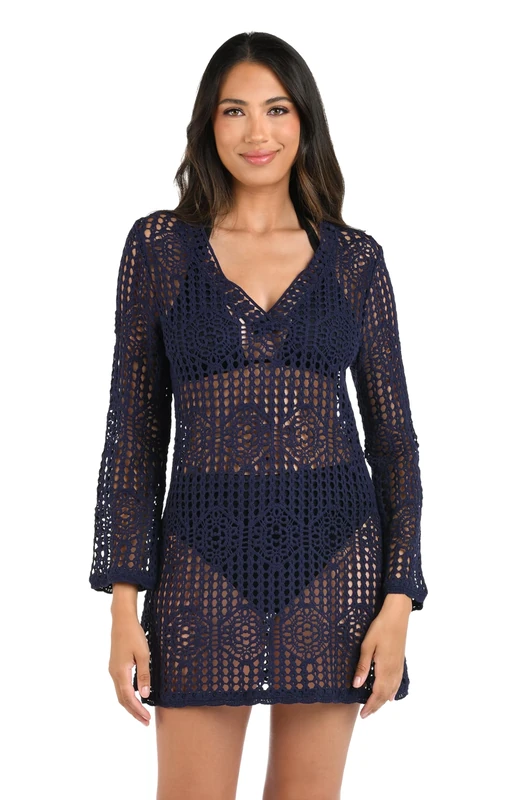 La Blanca Women's Long Sleeve Mini Dress Swimsuit Swimwear, Indigo//Waverly Covers, XL