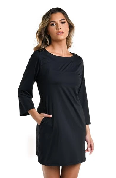La Blanca Women's Long Sleeve Mini Dress Swimsuit Cover Up Swimwear, Black//Slinky Jersey, XL