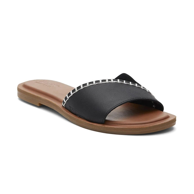 TOMS Women's Casual Flat Slide Sandals - Sustainable Leather & Suede, OrthoLite Comfort, Chic Blanket Stitch