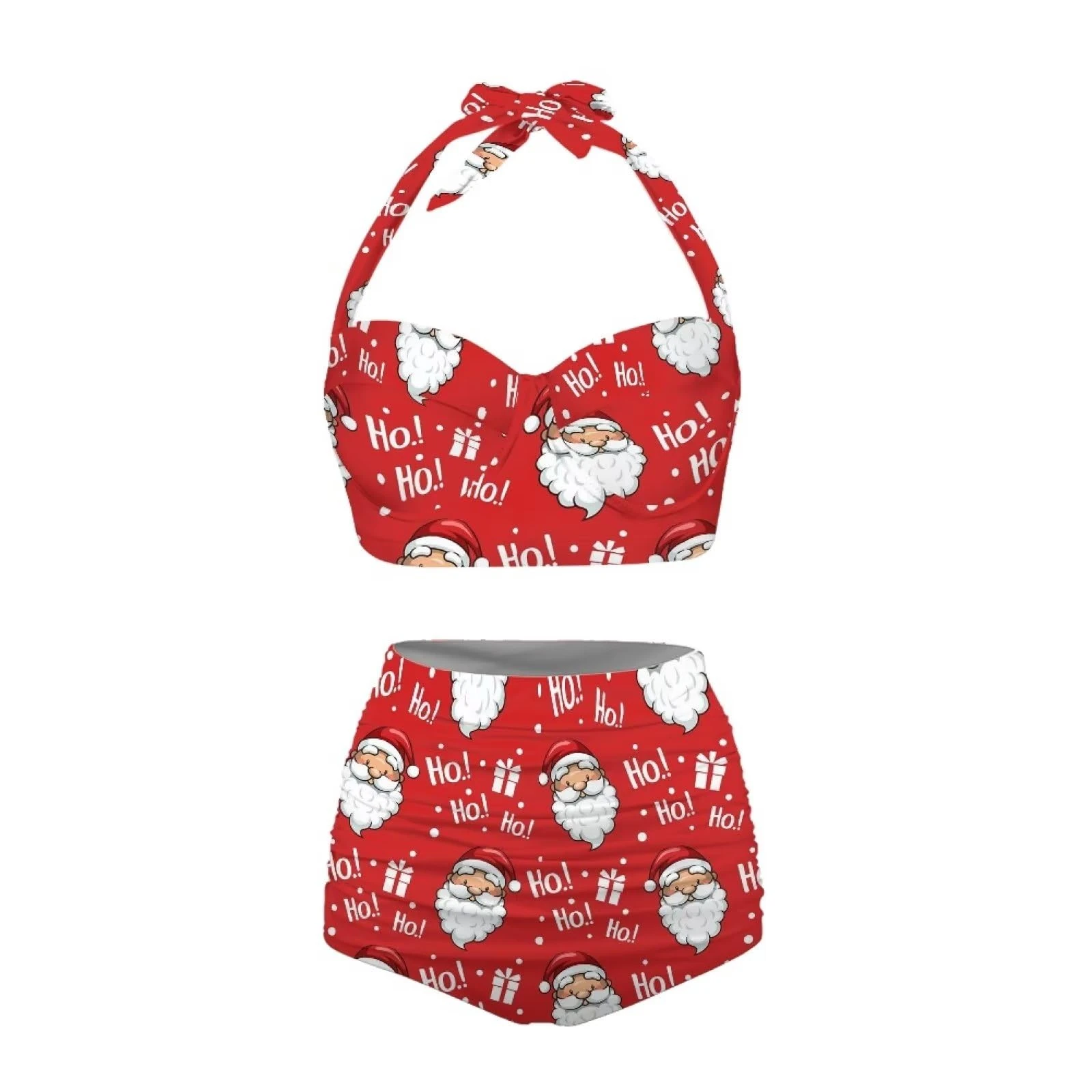 Howilath Christmas Beach Wear Santa Claus Swimming Costume 2 Pcs 1 Set Swimsuit Xmas Red Bikini for Ladies Tankini-M