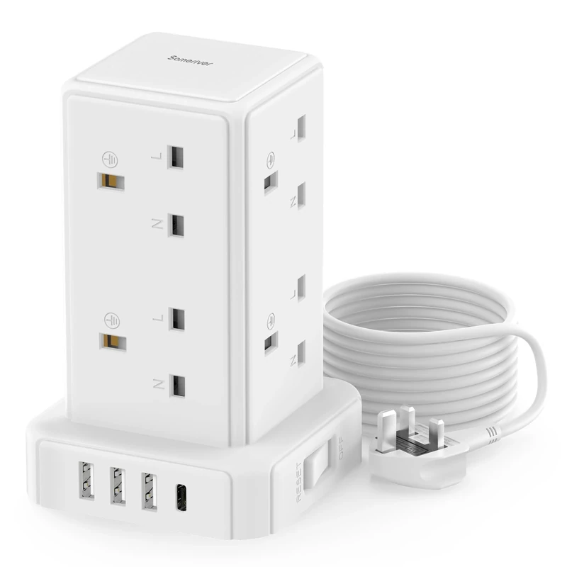 Tower Extension lead Surge Protection Extension Lead with Switch (13A 3250W) 8 AC Outlets & 4 USB Ports Plug Extension Socket Extension Cable 2M Mini Power Strip for Home, Office