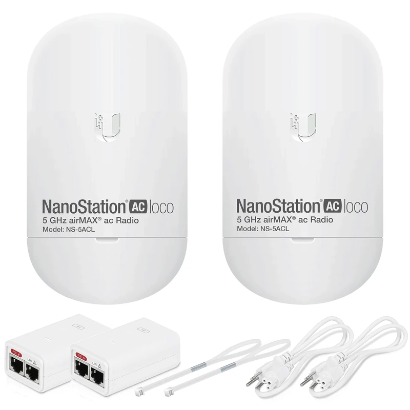 Wireless Bridge Ubiquiti LOCO5AC PRE-CONFIGURED, Bundle of 2 Ubiquiti Nanostation LOCO 5AC, Point to Point Outdoor WiFi Bridge, Plugh and Play, 5GHz, 450+Mbps, 10+km Link Range, Network Bridge
