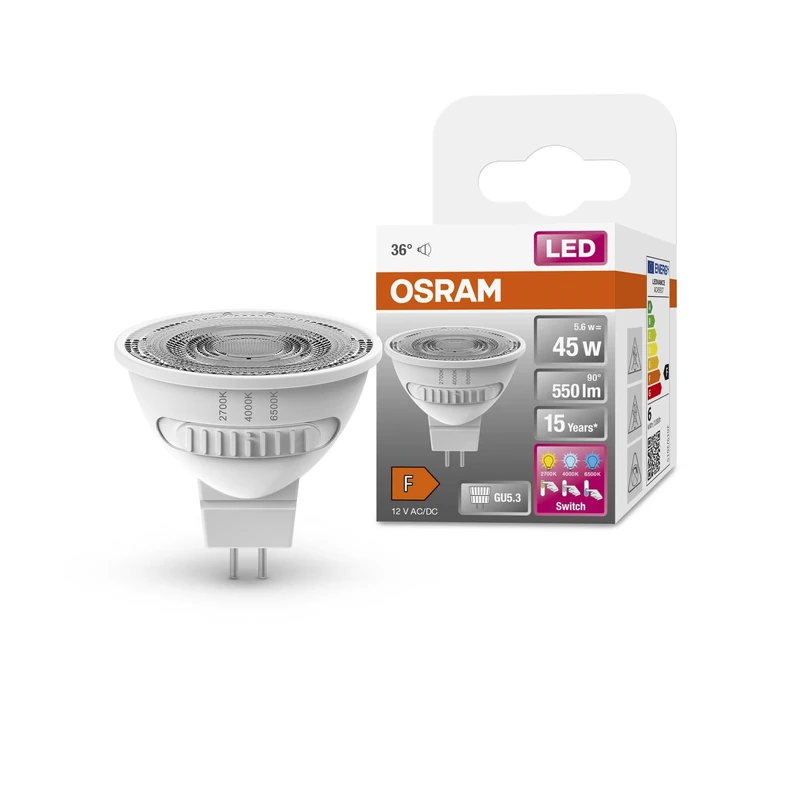 OSRAM Led Spot Mr16 45 with Three Light Colors, Gu5.3, 5.6W, 550Lm, 2700K - 6500K, Warm, Cold and Daylight White, Color Temperature Changes, Very Low Energy Consumption, Long Life