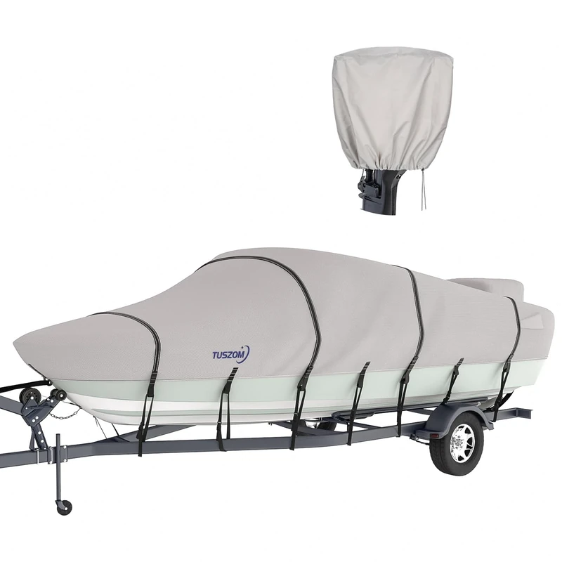 Tuszom Boat Cover 800D Marine Grade Polyester Canvas Trailerable Full Size Boat Cover for V-Hull Runabouts Outboards and I/O Bass Boats