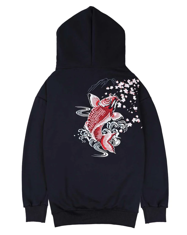 Niepce Inc Streetwear Men's Dragon Embroidered Heavyweight Graphic Hoodies, Black-fish, L