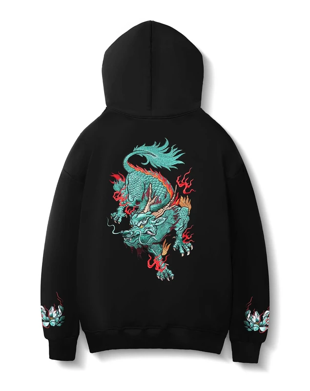 Niepce Inc Streetwear Men's Dragon Embroidered Heavyweight Graphic Hoodies, Black-blue-kirin, M