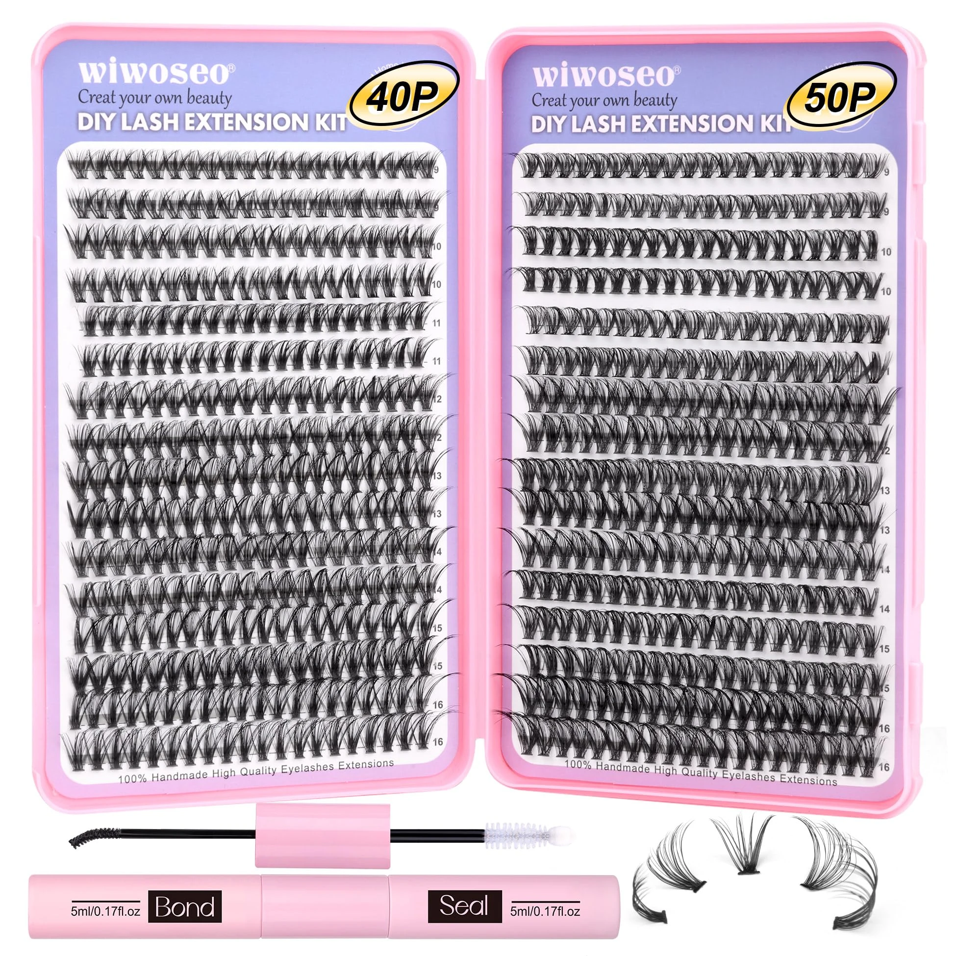 wiwoseo 640Pcs DIY Lash Extension Kit, Individual Lashes with Bond and Seal Eyelash Kit D Curl Clusters Cluster for Self Application At Home (40p+50p 9-16MM)