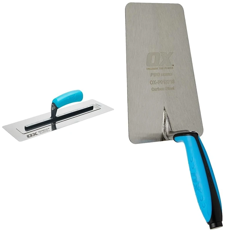 OX Pro Semi Flex Stainless Steel Trowel 16in / 405 x 125 mm & OX PRO Series Plasterers/Builders Carbon Steel Bucket Trowel with Dura grip Soft handle– 7” Large