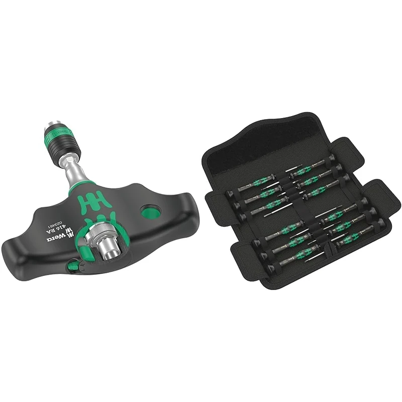 Wera 416 RA Quergriff Rapidaptor 0502461001, Black-Green, 1/4", 45 mm & 73675 Kraftform Micro Precision Screwdriver Set, 12 Pieces