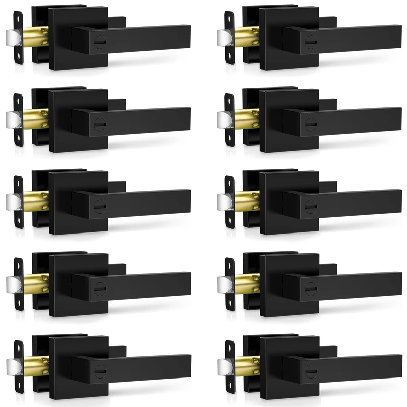 Plustool 10 Pack Matte Black Door Handles, Keyless Interior Door Knobs, Privacy Door Lever Locksets for Bedroom Bathroom, Heavy Duty Square Door Lock (2.0lb), Reversible for Left&Right Handled Doors