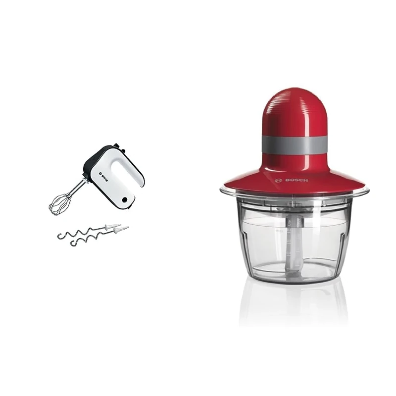 Bosch CleverMixx Styline MFQ4020GB Hand Mixer 450 W - White & Black & MMR08R1GB Mini Chopper, 400 W, 0.8 Litre - Red