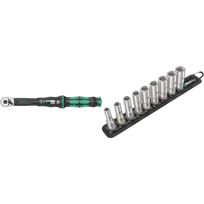 Wera Click Torque B 1 Adjustable Torque Wrench, 3/8" Square Drive, 10-50 Nm, 05075610001 & Belt B Deep 1 Socket Set of 9 Metric 3/8in Drive