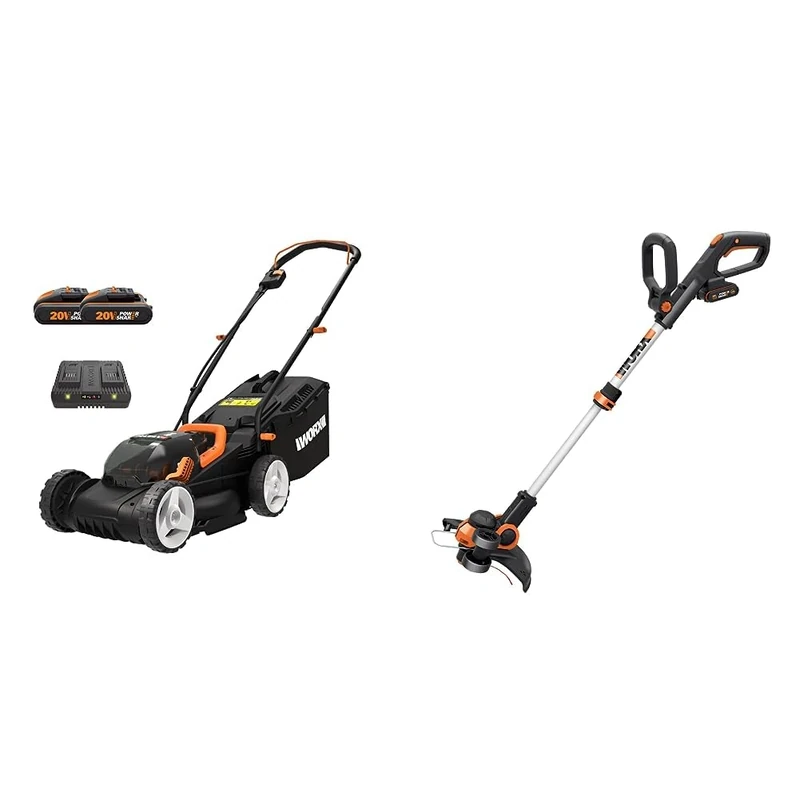 WORX Cordless Lawn Mower with 2 x 20 V Batteries, 34cm, WG779E.2 & WG163E 18V (20V MAX) Cordless Grass Trimmer with Command Feed and 2 Batteries Strimmer Line Strimmers Edge Cutter