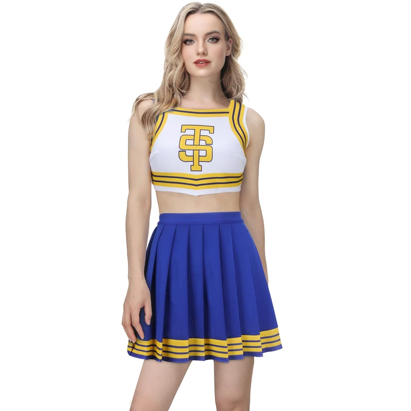 Mokkin Adult Women Tay Tay Cheerleader Costume Uniform Girls Swift Cheerleading Crop Top with Pleated Skirt Halloween Outfit (Blue, X-Small)