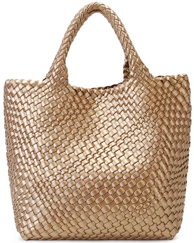 Queenoris Woven Bag for Women, Vegan Leather Tote Bag Large Summer Beach Travel Handbag and Purse Retro Handmade Shoulder Bag, Golden