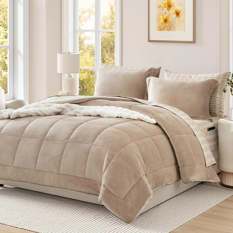 AMBERSPACE Luxury Queen Size Comforter Sets 7 Piece, Taupe Plush Flannel Velvet Comforter Set Queen 7 Pieces, Soft Warm Plush Comforters Bed in A Bag Queen 90"*90"(Light Taupe,Queen)