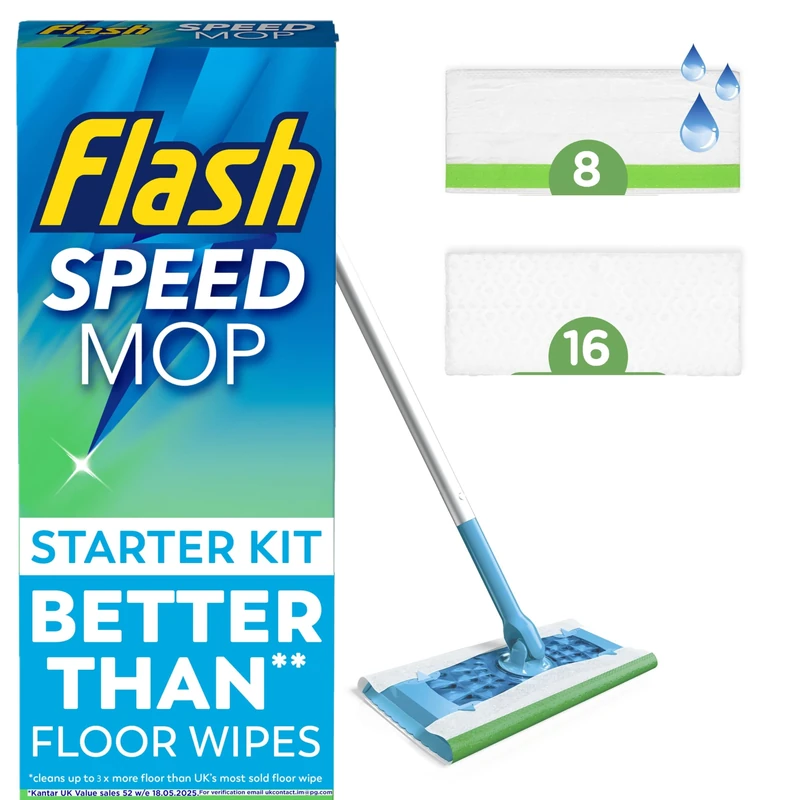 Flash Speedmop Floor Cleaner Starter Kit, Fast Easy and Hygienic (1 Handle, 8 Wet plus 16 Dry Refills), Trap and Lock Daily Dirt, Grease and Grime Without Getting Down On Your Knees
