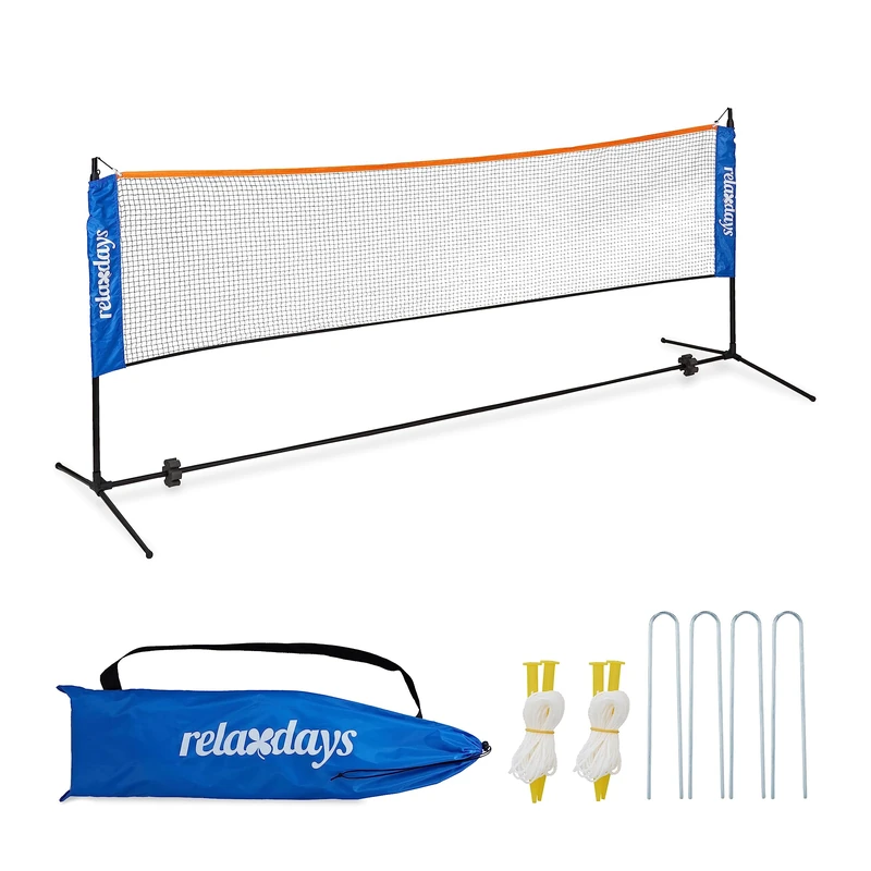 Relaxdays Badminton Net, Height-Adjustable up to 225 cm, Tennis Equipment, with Stands & Carry Bag, Outdoor, Black/Blue, Iron