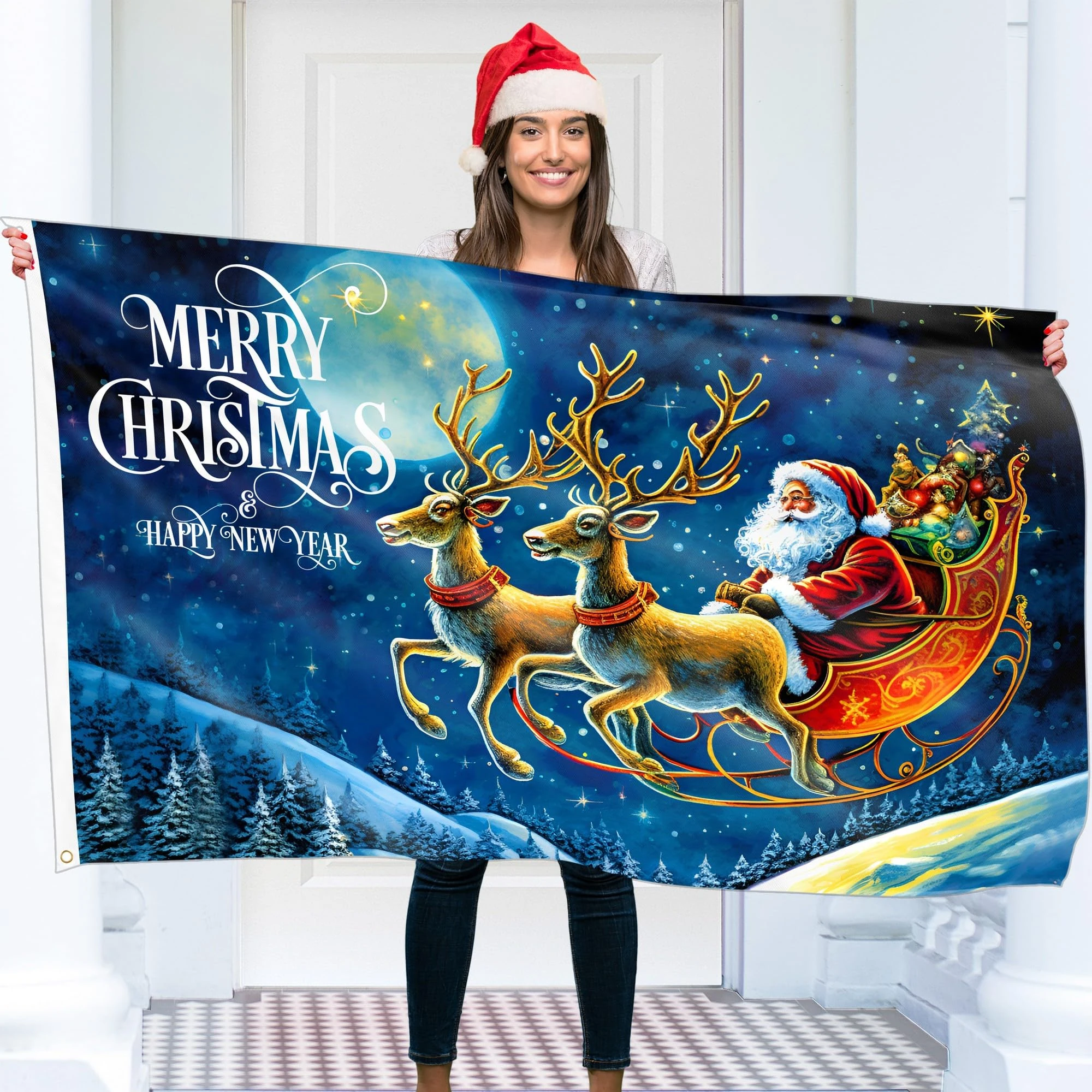 Christmas Flag 5ft x 3ft with eyelets - Christmas Banner Santa Claus - Vivid Digital Print - 110Den Thick polyester - Double Seam