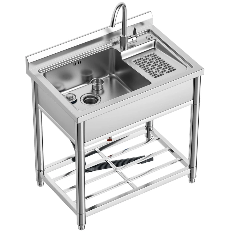 Stainless Steel Utility Sink, Free Standing Laundry Sink with Washboard, Laundry Tub with Cold and Hot Water Faucet for Laundry Room Kitchen Garage Basement Shop Garden, Indoor and Outdoor
