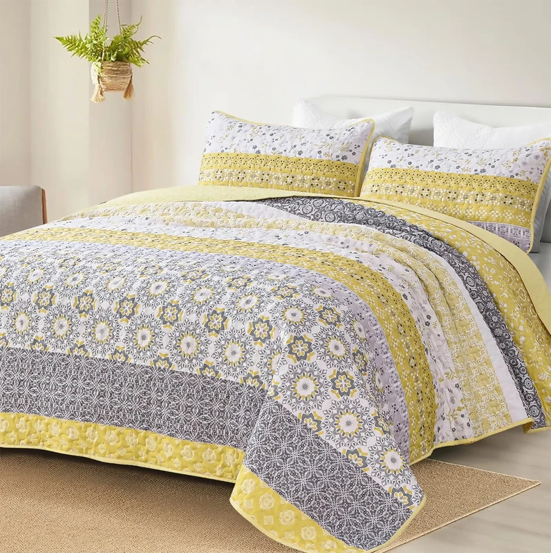 WONGS BEDDING Boho Quilt Set King, Yellow Bohemian Striped Patchwork Summer Bedspread Coverlet Set with 2 Pillowcases,Lightweight Microfiber Floral Bedding Set 104"×90"