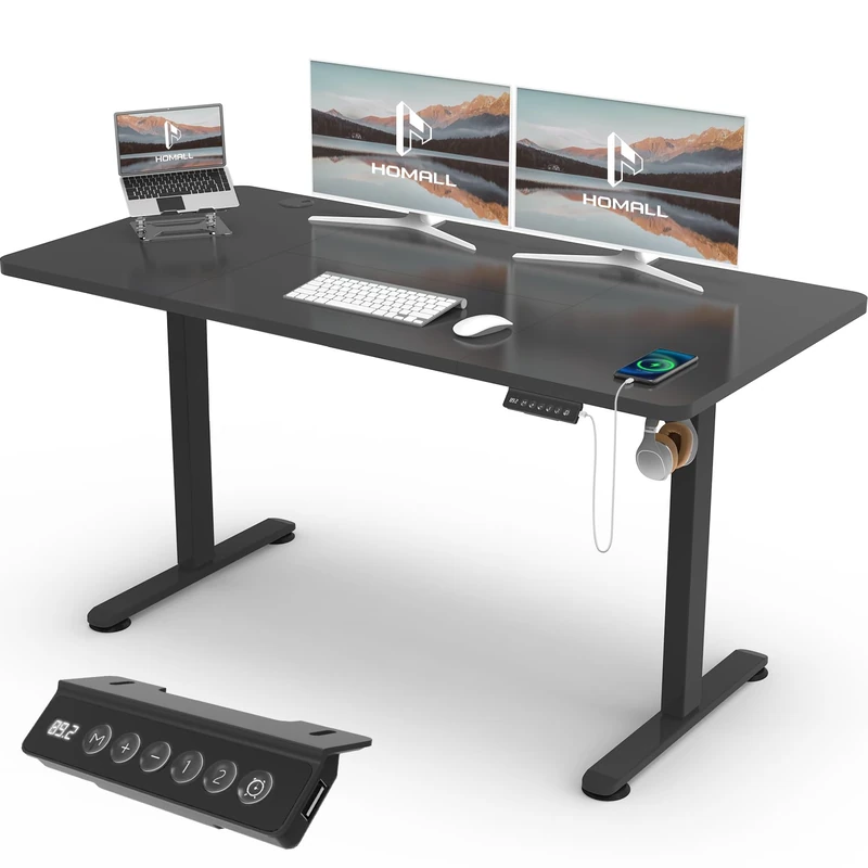 Homall Electric Height Adjustable Desk, Adjustable Height Office Desk with USB Ports, 140x60cm, Home Office with Splice Board, Black - Image 1