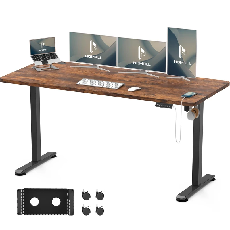 Homall Electric Height Adjustable Desk, Adjustable Height Office Desk with USB Ports, 160x70cm, Home Office with Splice Board, Rustic Brown