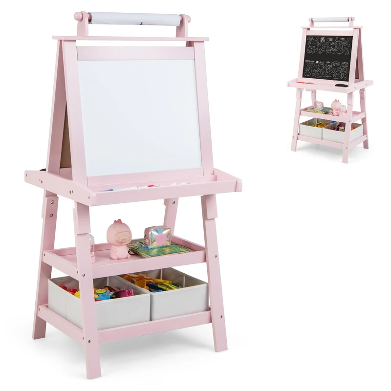 GYMAX Wooden Kids Easel, Double Sided Easel (Pink)