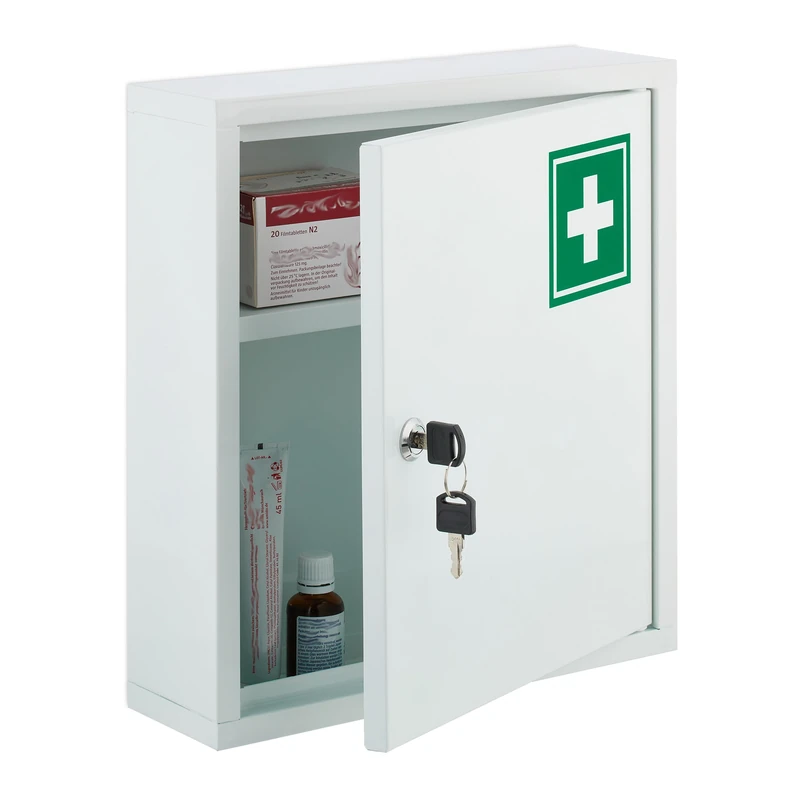 Relaxdays Medicine Cabinet, Lockable, for Medication, HxWxD 36 x 31.5 x 10 cm, Wall Mount, First Aid, Metal, White/Green, Steel
