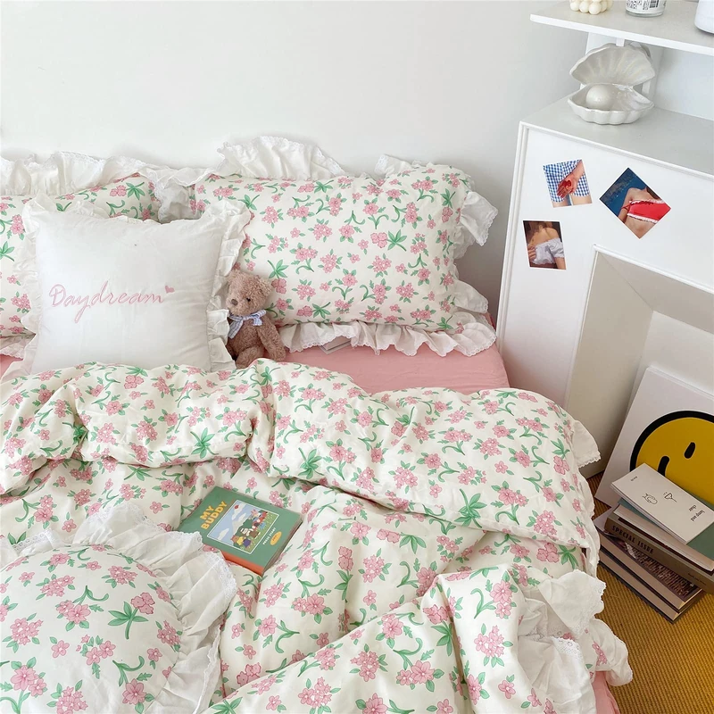 VM VOUGEMARKET Pink Flower Duvet Cover Set, Full, 80x90 Inch