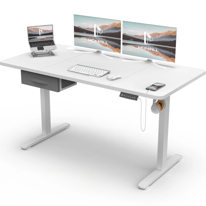 Homall Electric Height Adjustable Desk, Adjustable Height Office Desk with USB Ports, 140x60cm, Home Office with Splice Board, White - Image 1