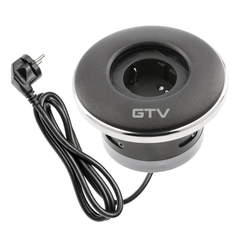 GTV - Shutter Furniture Socket, Built-in Socket, 1 x Schuko Socket, with Practical Closure, Cable Length 1.5 m, Colour Black, for Desks, Tabletop, Kitchen and Office