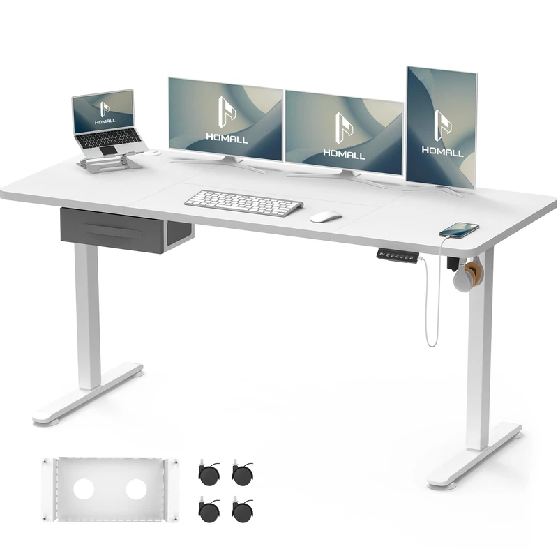 Homall Electric Height Adjustable Desk, Adjustable Height Office Desk with USB Ports, 160x70cm, Home Office with Splice Board, White