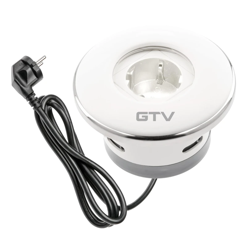 GTV - Shutter Furniture Socket, Built-in Socket, 1 x Schuko Socket, with Practical Closure, Cable Length 1.5 m, Colour White, for Desks, Tabletop, Kitchen and Office - Image 1