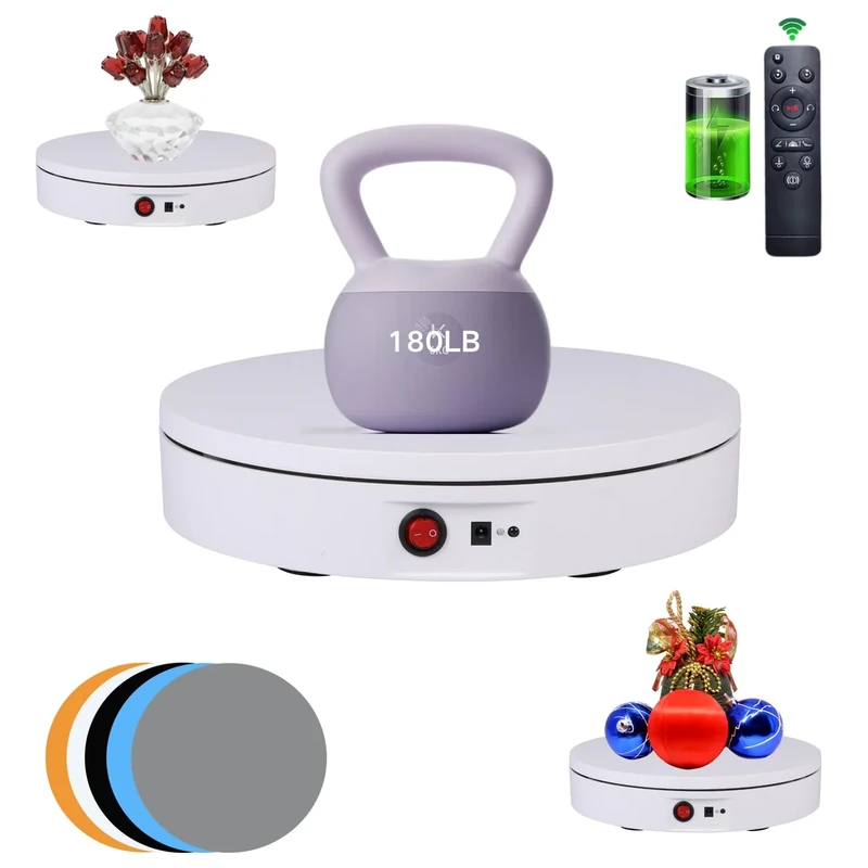 JAYEGT Motorized Rotating Display Stand，180Lbs Load，360 Degree Electric Rotating Turntable for Photography Products Display，Live Show,Remote Control +5 Colors Backgrounds(White / 8.66inch