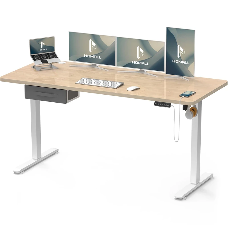 Homall Electric Height Adjustable Desk, Adjustable Height Office Desk with USB Ports, 160x70cm, Home Office with Splice Board, Beige