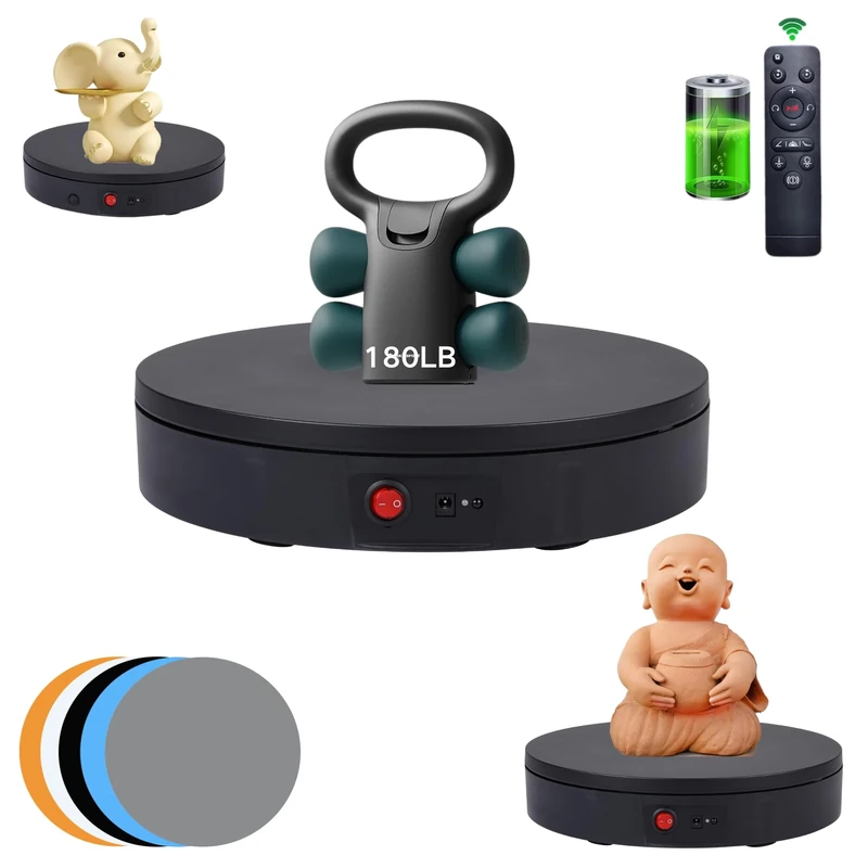 JAYEGT Motorized Rotating Display Stand，180 Lbs Load，360 Degree Electric Rotating Turntable for Photography Products Display，Live Show,Remote Control +5 Colors Backgrounds(Black / 8.66inch