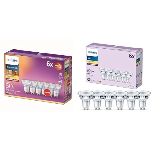 PHILIPS WarmGlow 6 Pack Dimmable [GU10 Spot] LED Light Bulbs, 3.8 W - 50W Equivalent, 2700-2200K. & LED Classic Spot Light Bulb 6 Pack [Warm White 2700K - GU10] 50W, Non Dimmable.
