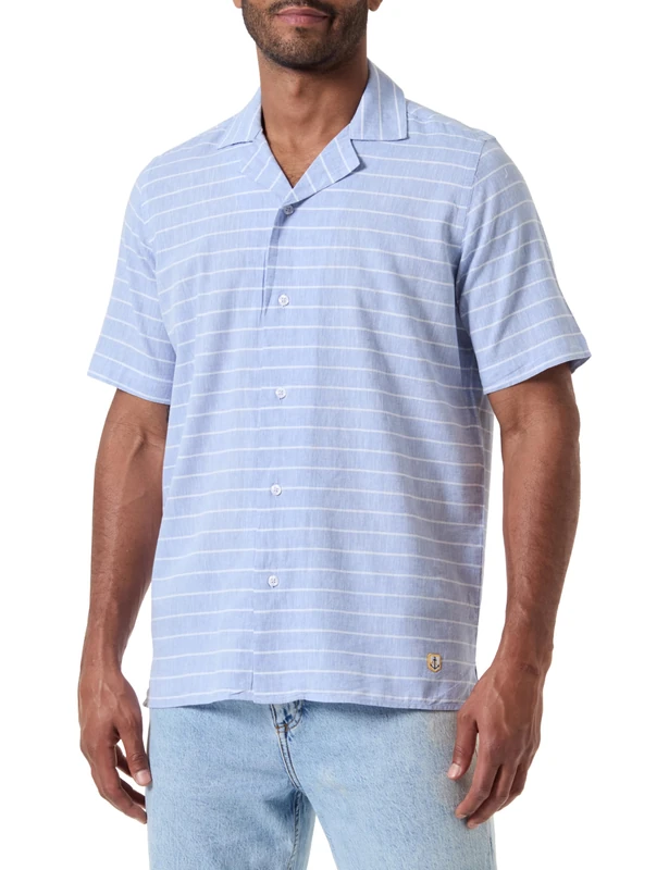 Armor Lux Men's Comfort Short Sleeve Shark Collar Shirt Dress, Striped Navy Deep, XL