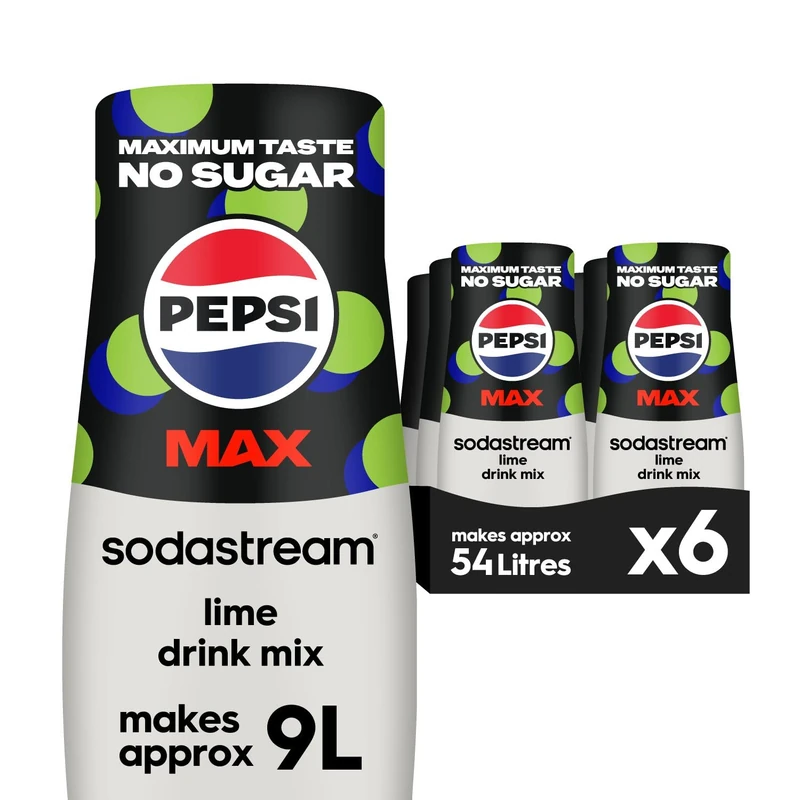 Sodastream Pepsi MAX Lime Fizzy Water Flavouring Syrup, Sugar Free Soda Syrup, Zero Sugar Pepsi Flavour, 6 x 440ml Multipack, Home Soda, Flavoured Sparkling Water, Drink Mix, Makes Approx 54L