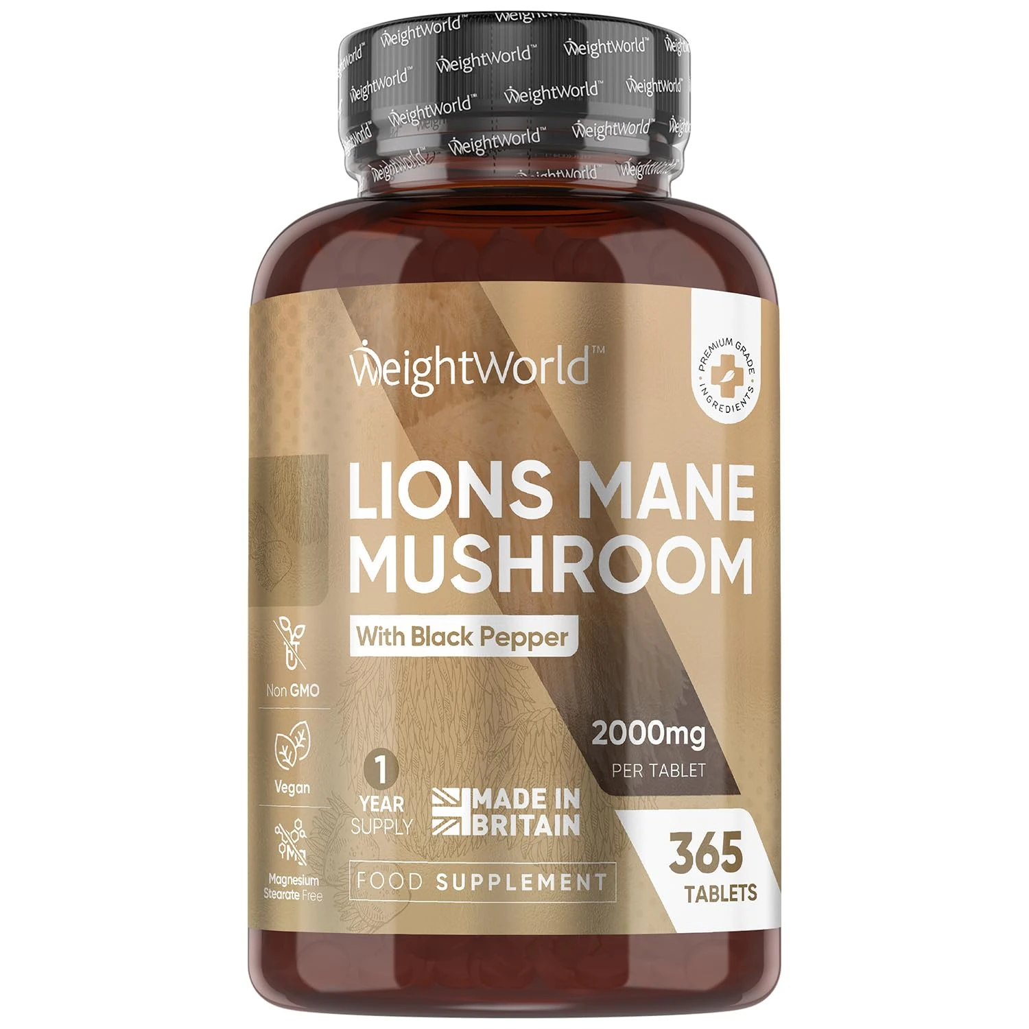 Lions Mane Supplement 2000mg with Black Pepper - 365 Vegan Tablets - 1 Year Supply - 50% Polyphenols - Alternative to Lions Mane Powder & Capsules