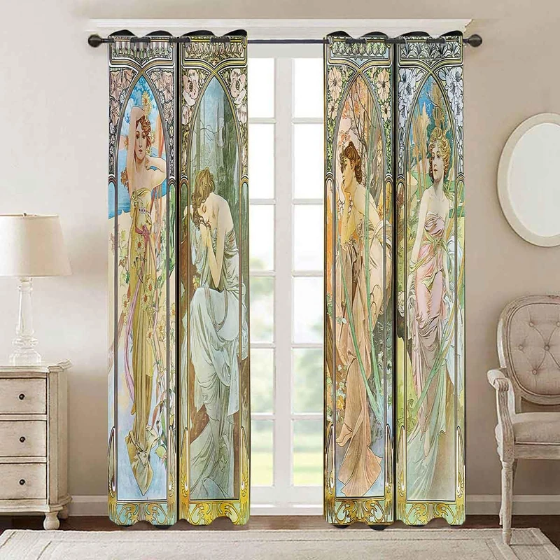 PHMOJEN Art Nouveau Lady Blackout Curtains, Times of The Day Series for Bedroom & Living Room, 84" x 2 Panels, Morning to Night Home Decor - Image 1