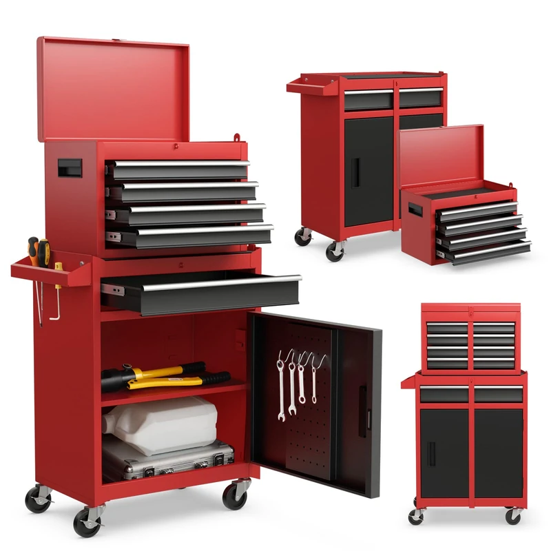 GiantexUK Tool Cabinet, 2 in 1 Lockable Metal Tool Chest with Removable Top Cabinet, Wheels, 5/6 Drawers, Pegboard & Hooks, Heavy-duty Rolling Tool Box Trolley (with Adjustable Shelf, Black+Red)