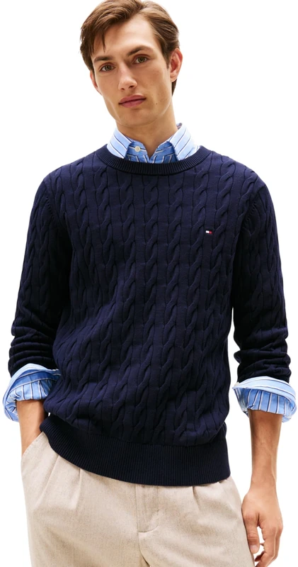 Tommy Hilfiger Men Classic Cotton Cable Crew Neck MW0MW33132 Pullover Sweater, Blue, XL