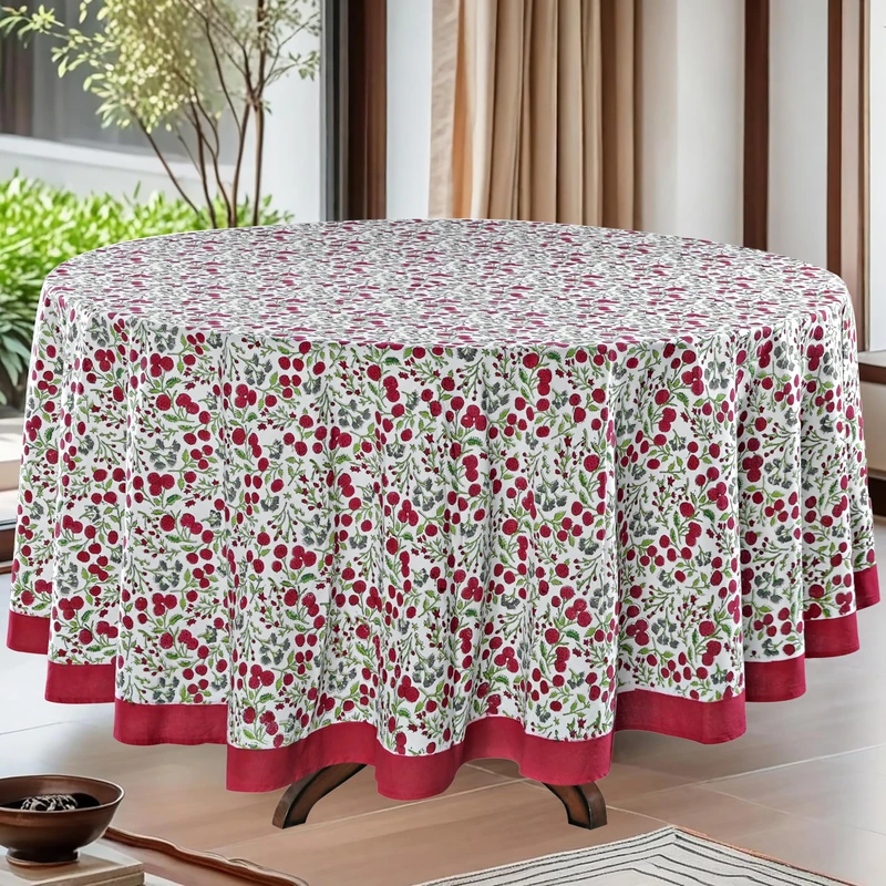 Ridhi Round Tablecloth Hand Block Print 100% Cotton Reusable Garnet Red 90 Inch Table Cover Decorative Everyday Use for Dining, Home, Party, Wedding, Farmhouse, Party Gift for Spring, Mother's Day