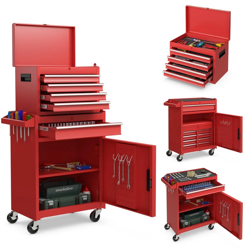 GiantexUK Tool Cabinet, 2 in 1 Lockable Metal Tool Chest with Removable Top Cabinet, Wheels, 5/6 Drawers, Pegboard & Hooks, Heavy-duty Rolling Tool Box Trolley (with Adjustable Shelf, Red)