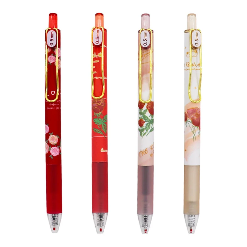 HeTaoCat Black Ink Gel Pens, 0.5mm Fine Point, 4PC Creative Retractable Red Rose Pens, ST Fast Drying Ink Pen (Multicolor)